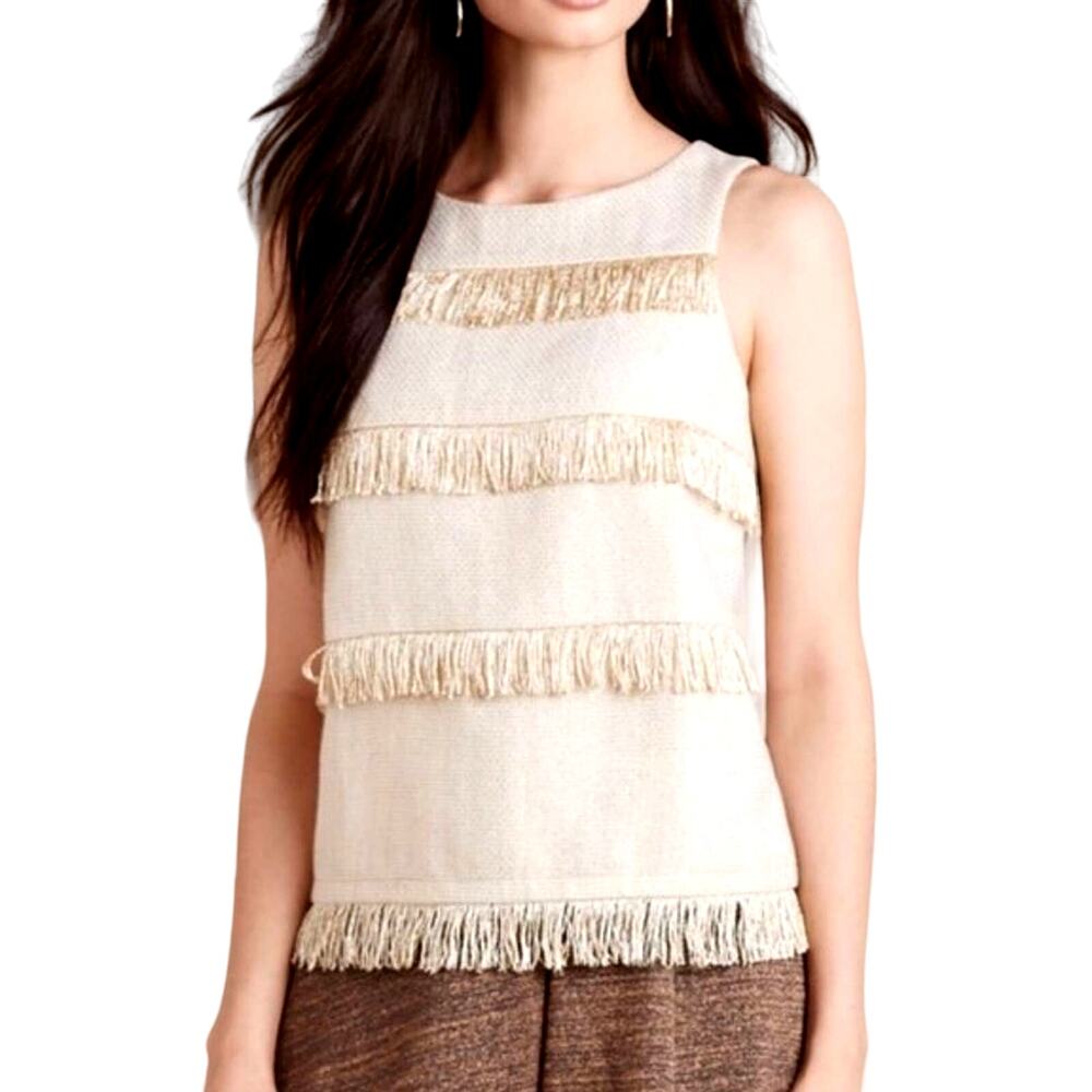 Sunday in Brooklyn Metallic Gold Fringe Striped Sleeveless Top Tan Gold Medium